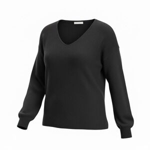 Ella Moss Ladies' Ribbed V-Neck Sweater Cuffed Long Sleeve Top Black XXL new